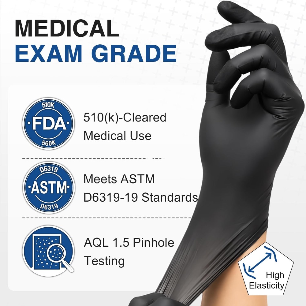 Exam Glove Nitrile - Guantes de Nitrilo Negros Desechables, Sin